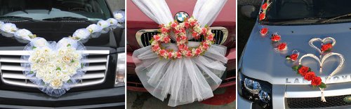 Dekorace auta nevěsty s motivem srdíček