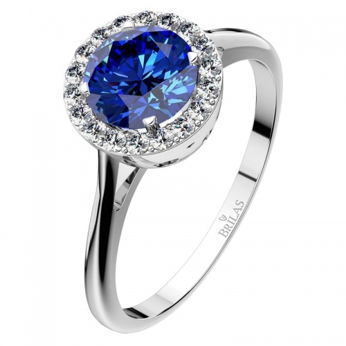 Emily B White  - honosný zásnubní prsten z bílého zlata a modrým zirkonem
